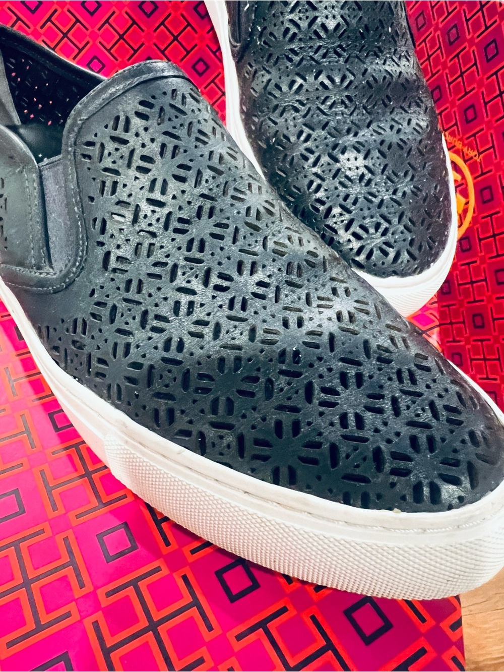 Tory Burch Navy Perforated Slip-On Sneakers with White Sole
